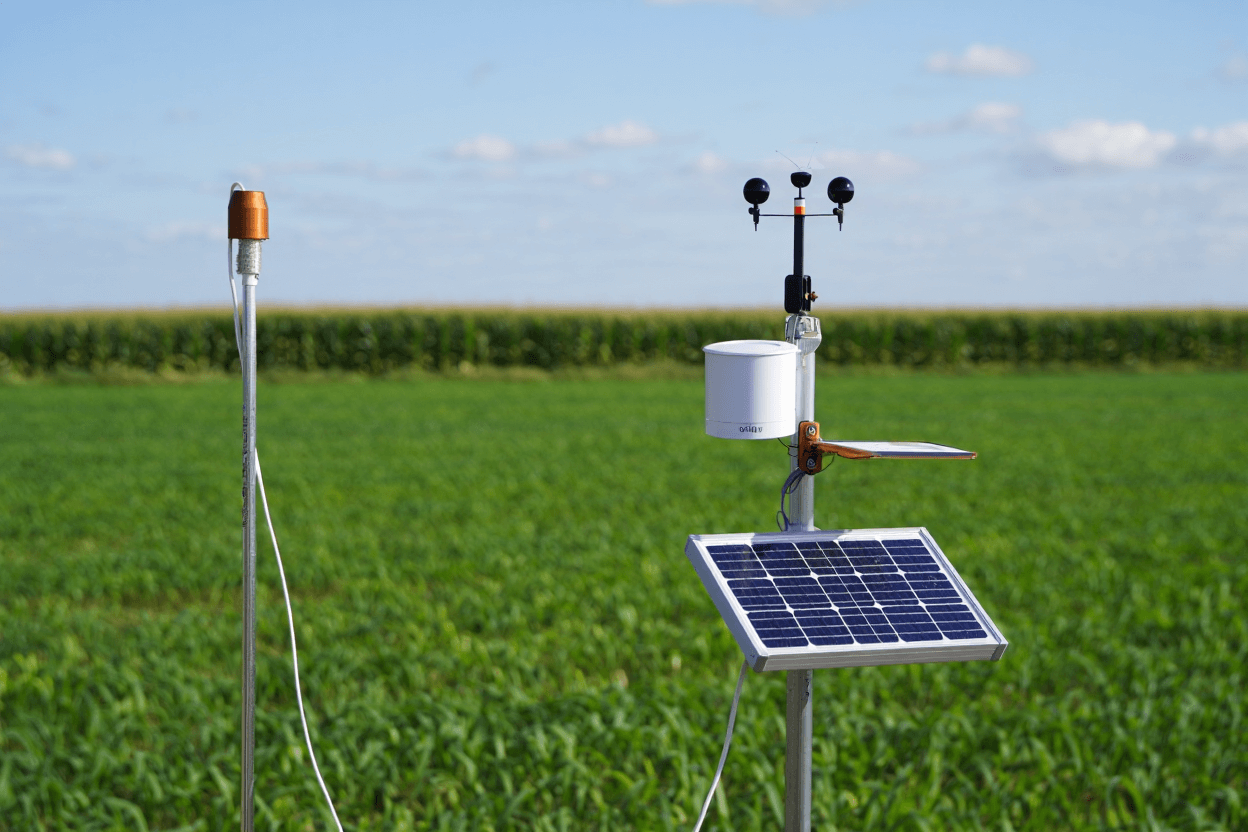 Big data w rolnictwie - Czujniki glebowe i atmosferyczne rozmieszczone na polu uprawnym w Polsce – zbierają dane do analizy rolniczej.