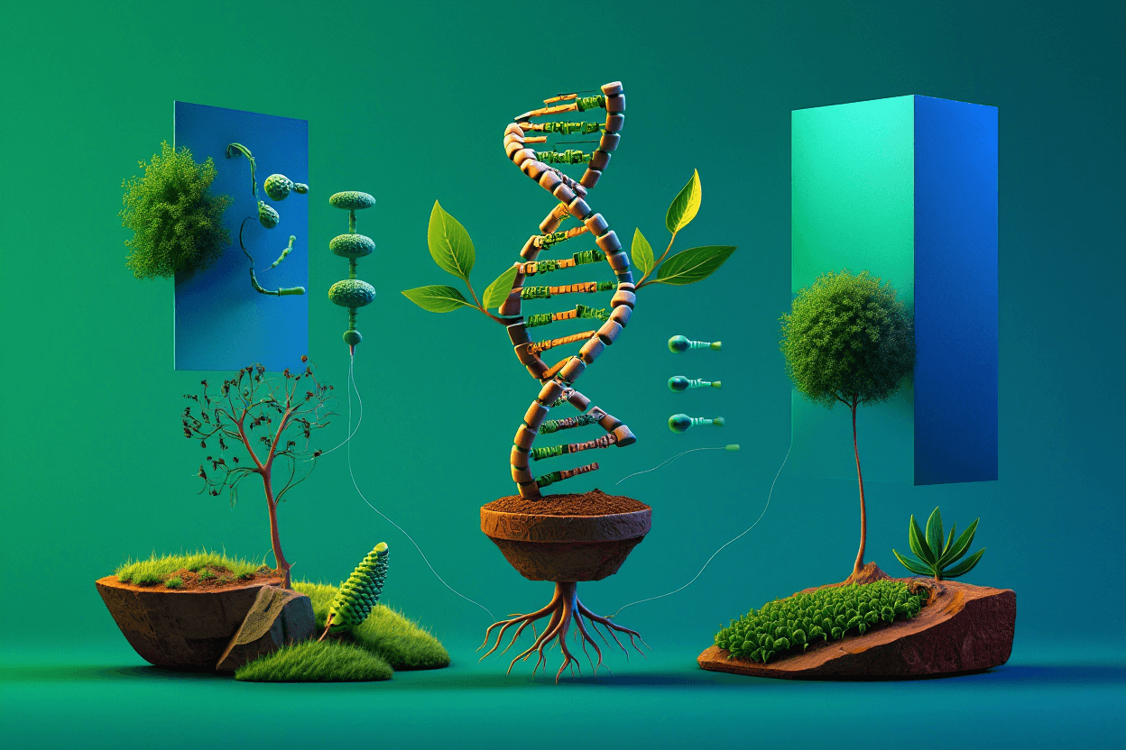 Ilustracja pokazująca spiralę DNA zbudowaną z modularnych elementów BioBrick, wyrastającą z doniczki z ziemią, otoczoną roślinami i futurystycznymi mikroorganizmami, symbolizująca biologię syntetyczną w rolnictwie.