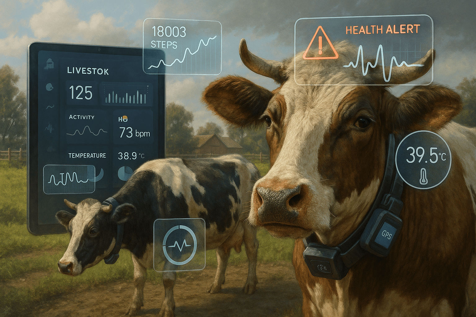 Zwierzęta wyposażone w sensory i obroże GPS, a na ekranie tabletu system pokazuje dane o zdrowiu i aktywności stada w czasie rzeczywistym.