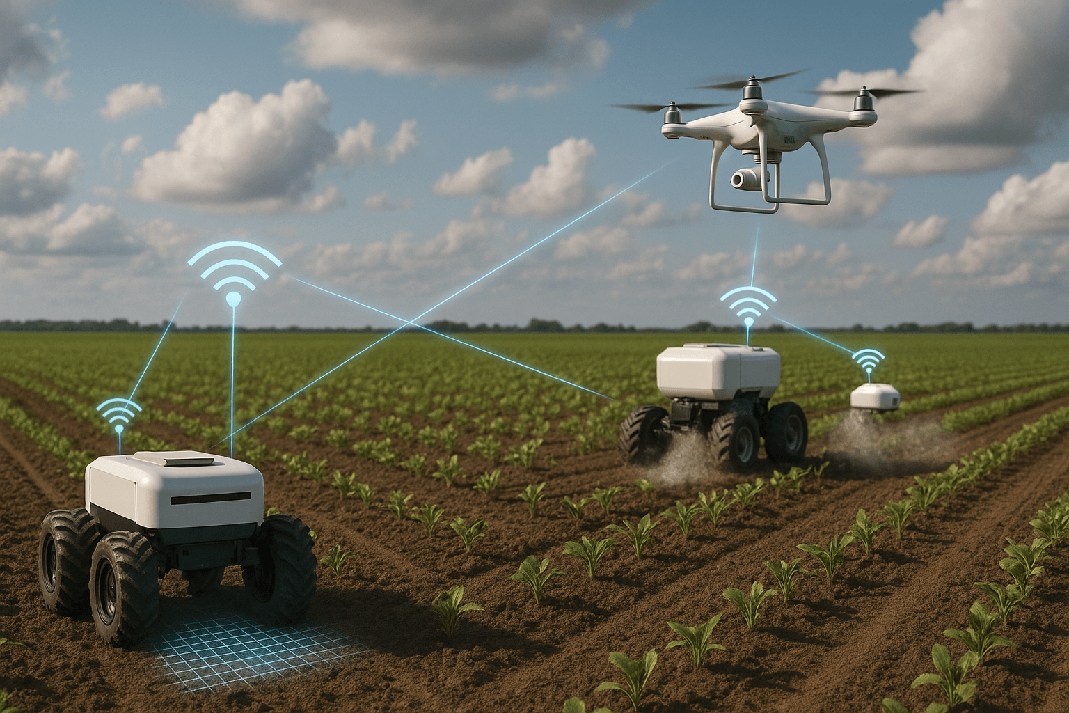 Autonomiczne roboty i drony w rolnictwie wymieniają dane w czasie rzeczywistym – inteligentna współpraca maszyn.