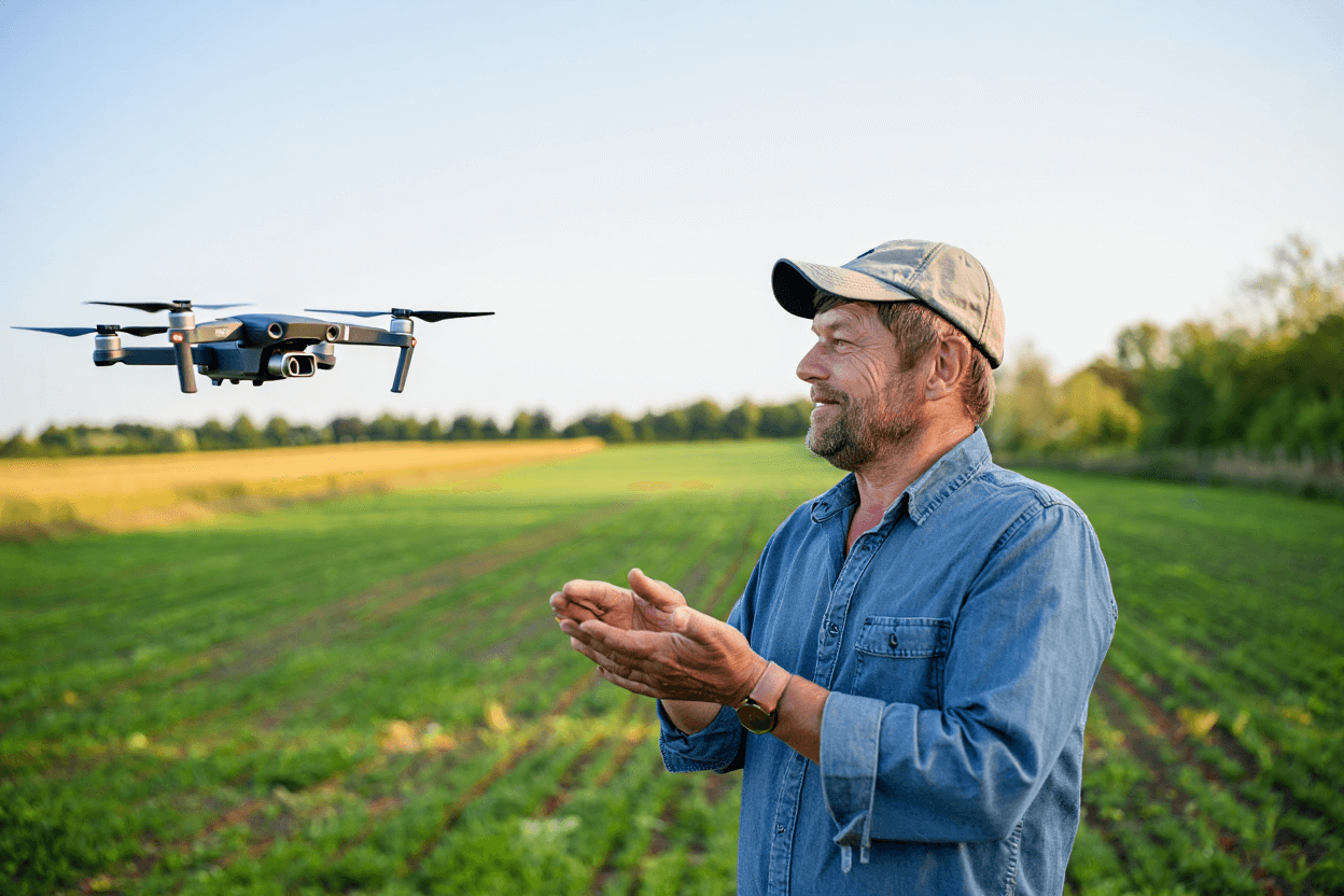 Dron do użytku rolniczego startujący z pola, symbol usług współdzielonych w małych gospodarstwach